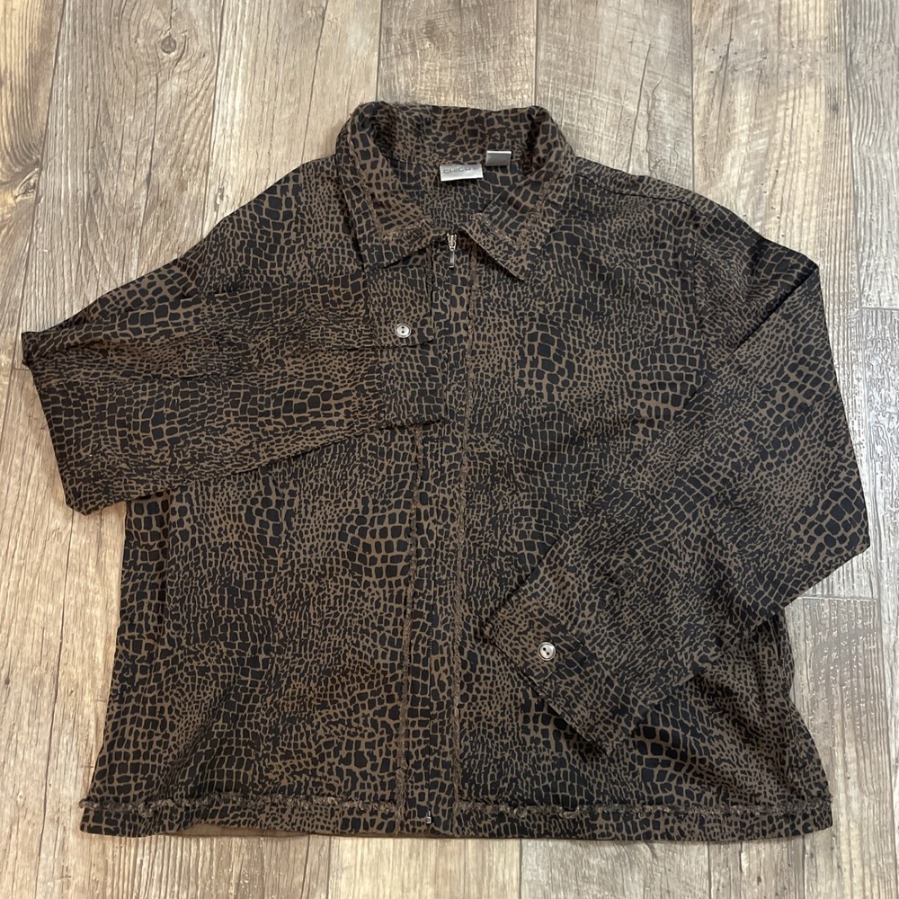 Chico's‎ Brown Black Crocodile Print Zip Up Collared Shirt Sz XL